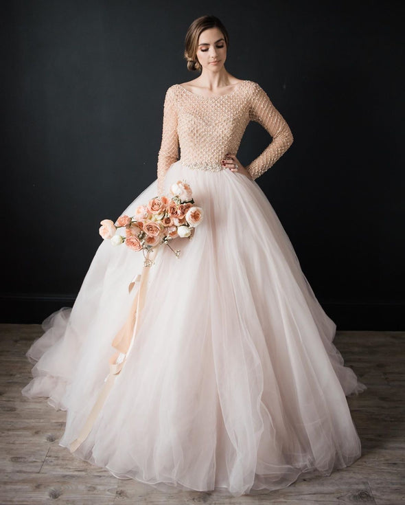 Long Sleeves Beads Ball Gown Tulle Wedding Dresses