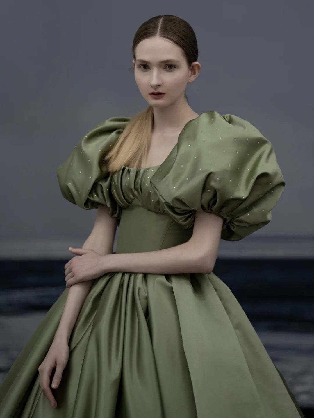 Puff Sleeve Satin Avocado Green Prom Dress TANYA BRIDAL Puff Sleeve Satin Avocado Green Prom Dress TANYA BRIDAL