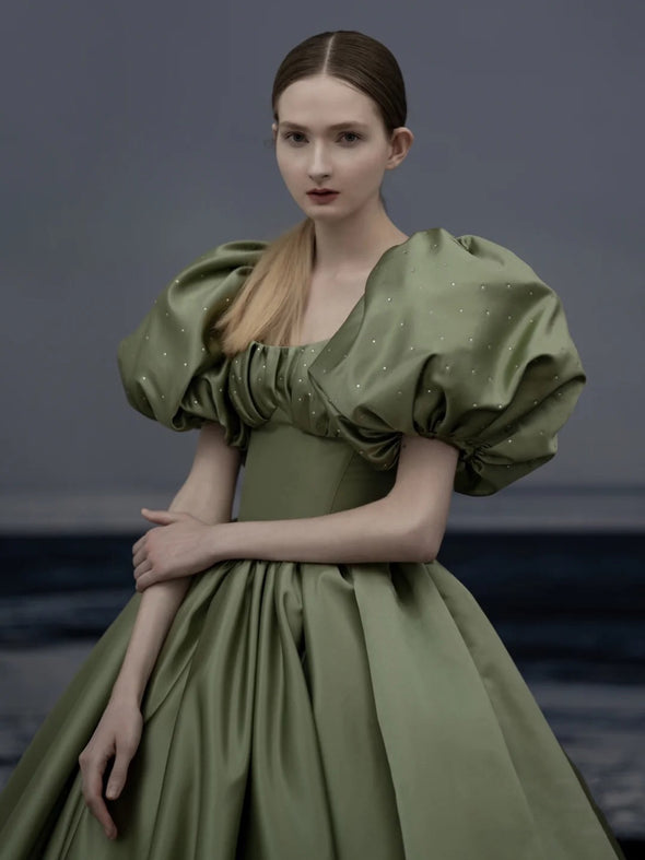 Puff Sleeve Satin Avocado Green Prom Dress