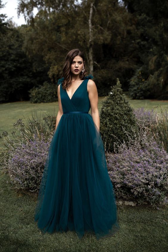 Modest Deep Blue Tulle Long Bridesmaid Dresses V Back Modest Deep Blue Tulle Long Bridesmaid Dresses V Back