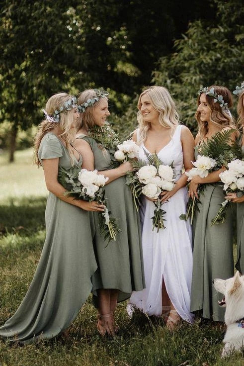 Simple V Neck Green A line Bridesmaid Dresses