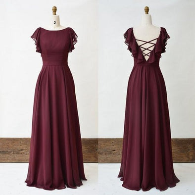A Line Long Chiffong Burgundy Bridesmaid Dress