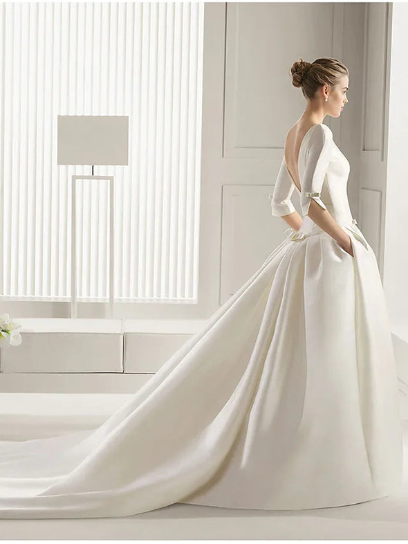 A-Line Wedding Dresses Satin Half Sleeve with Bow(s) Pleats