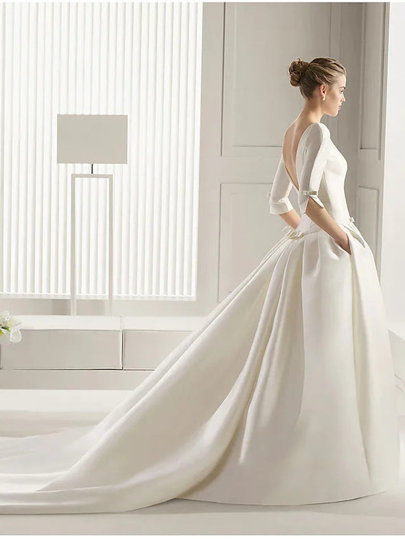 A-Line Wedding Dresses Satin Half Sleeve with Bow(s) Pleats 2022