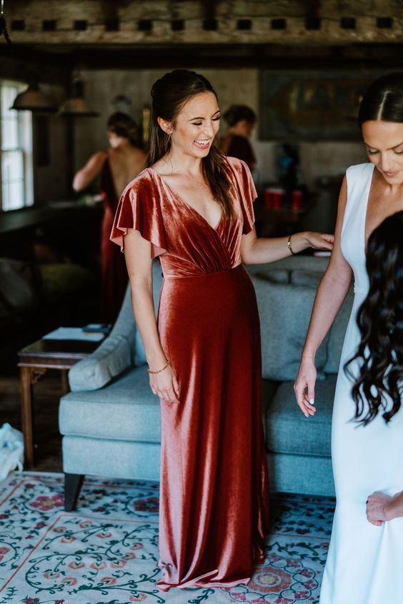 Velvet Bridesmaid Dresses V Neck Cap Short Sleeves Brides Maid Gowns M TANYA BRIDAL Velvet Bridesmaid Dresses V Neck Cap Short Sleeves Brides Maid Gowns M TANYA BRIDAL