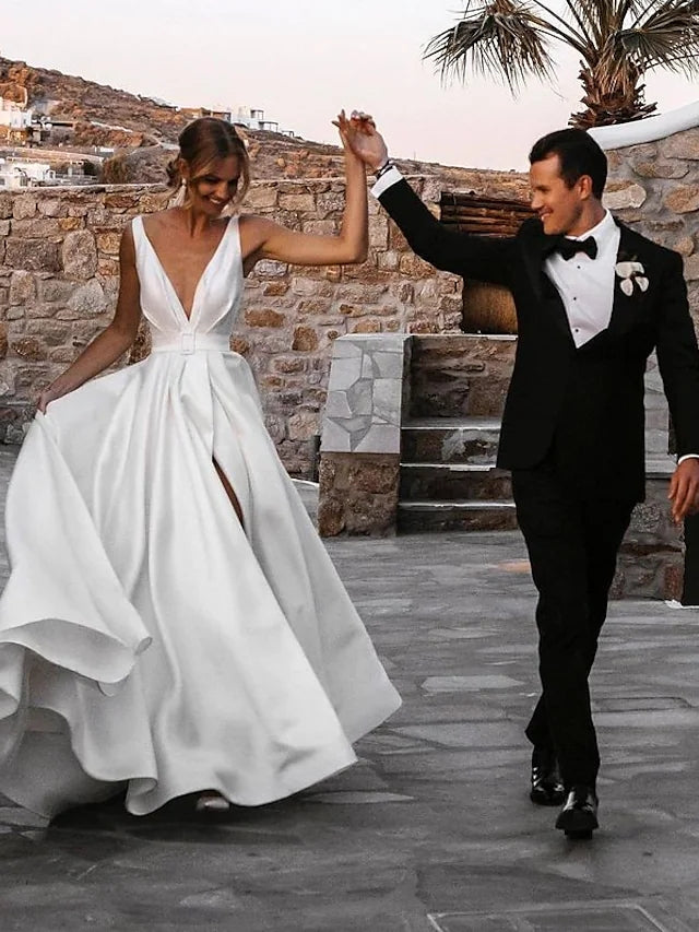 A-Line Wedding Dresses V Neck Simple Sexy with Sashes / Ribbons Split Front - A-Line Wedding Dresses V Neck Simple Sexy with Sashes / Ribbons Split Front -