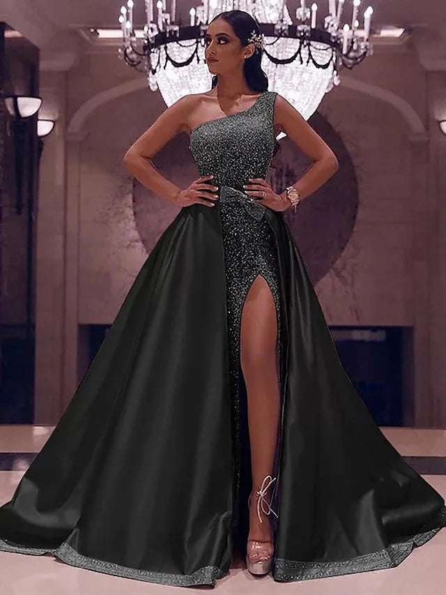 Ball Gown Sparkle Elegant Prom Dress One Shoulder Sleeveless with Bow( TANYA BRIDAL Ball Gown Sparkle Elegant Prom Dress One Shoulder Sleeveless with Bow( TANYA BRIDAL
