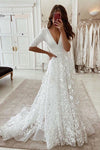 V Neck Wedding Dress 3D Leaf Lace Flower Appliques