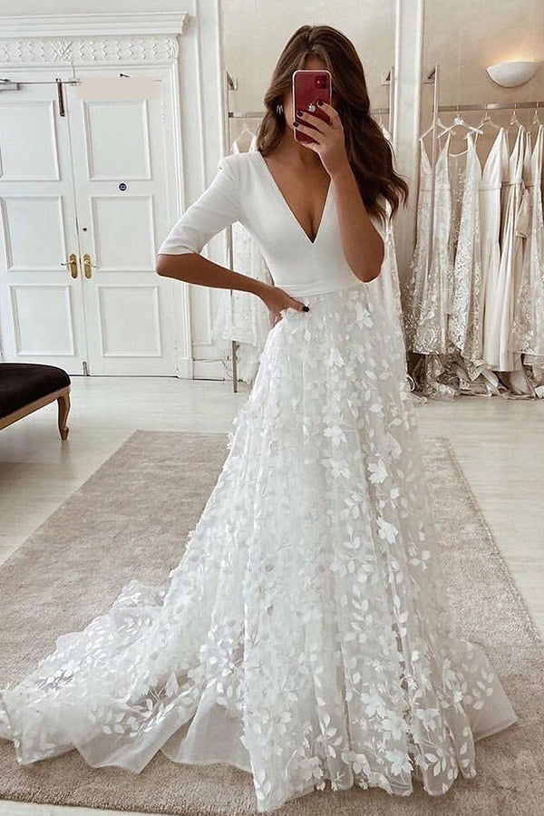 V Neck Wedding Dress 3D Leaf Lace Flower Appliques - V Neck Wedding Dress 3D Leaf Lace Flower Appliques -