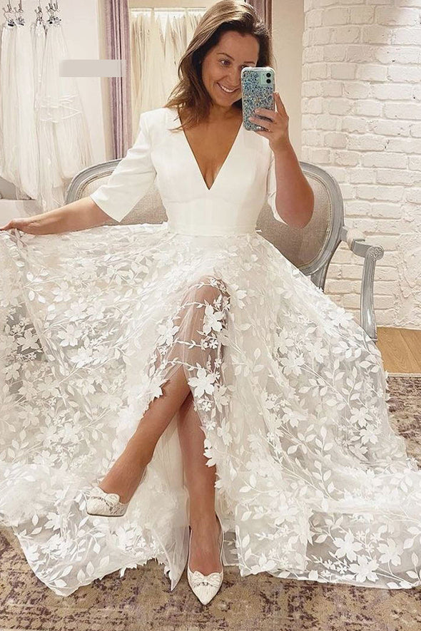 V Neck Wedding Dress 3D Leaf Lace Flower Appliques