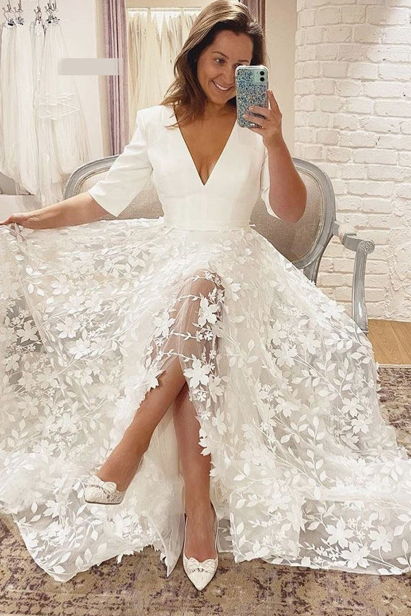flower lace v neck wedding dress with empire waist Basque Waist A-Line Wedding Dress with 3D Floral Lace & High Slit