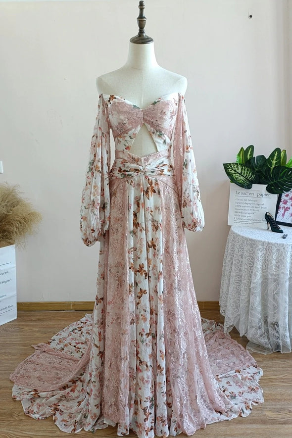 Boho Print Chiffon Beach Wedding Dress Lantern Sleeve DW521 TANYA BRIDAL Boho Print Chiffon Beach Wedding Dress Lantern Sleeve DW521 TANYA BRIDAL