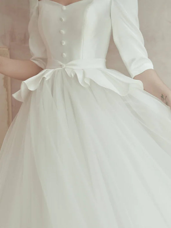 A-Line Wedding Dresses Square Neck Half Sleeves Ruffles