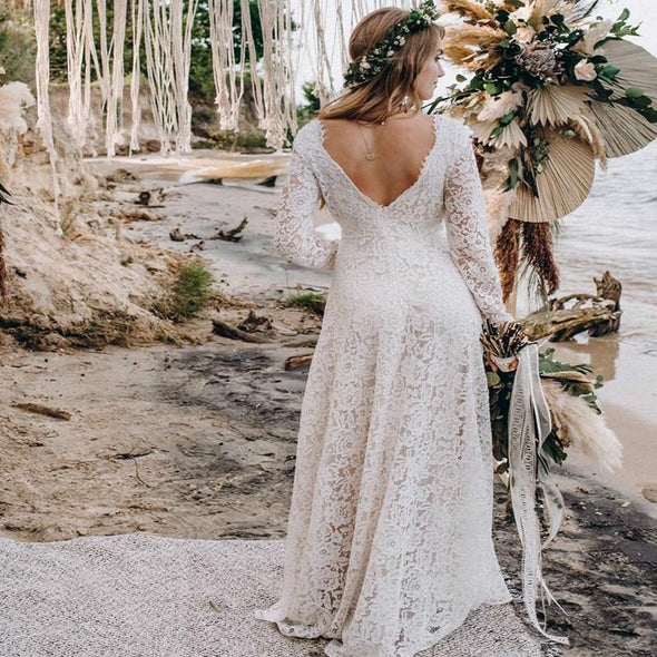 Hippie Lace Boho Wedding Dress V Neck Long Sleeves – TANYA BRIDAL