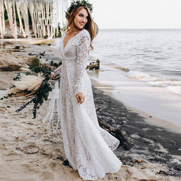 Hippie Lace Boho Wedding Dress V Neck Long Sleeves – TANYA BRIDAL