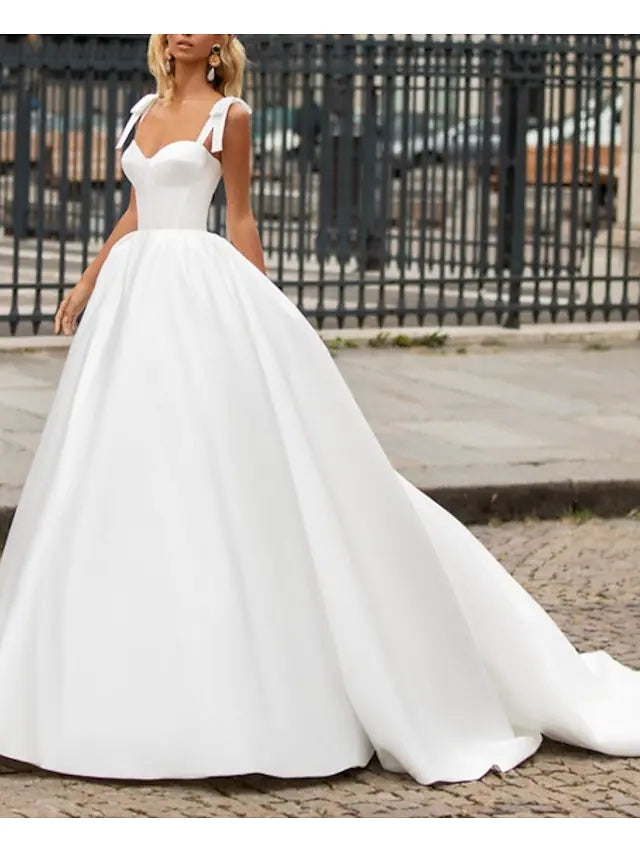 A-Line Wedding Dresses Sweetheart Neckline Sweep / Brush Train Satin TANYA BRIDAL A-Line Wedding Dresses Sweetheart Neckline Sweep / Brush Train Satin TANYA BRIDAL