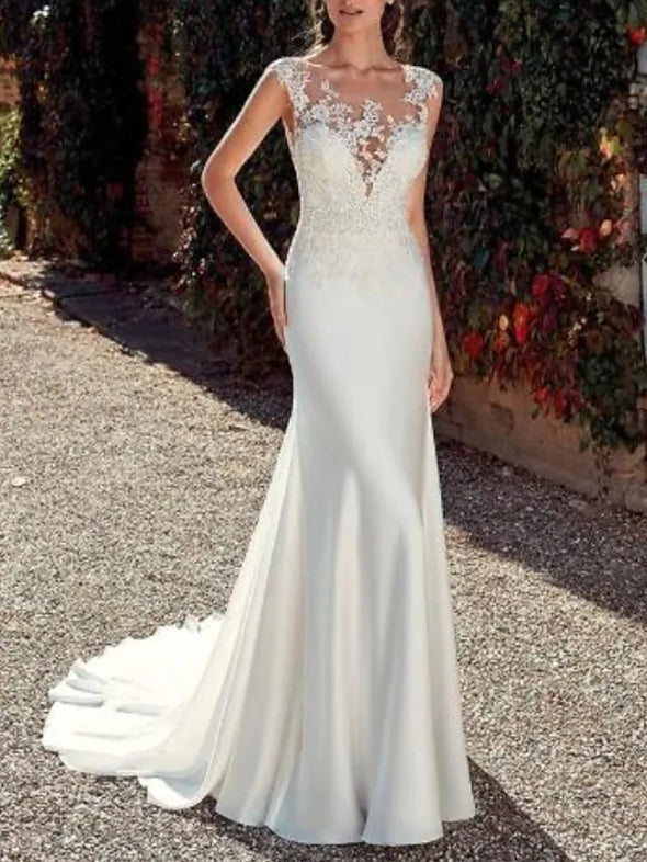 Sheath / Column Wedding Dresses Jewel Neck Sweep / Brush Train