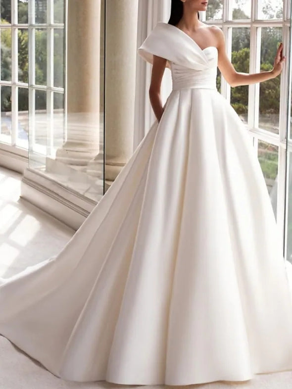 A-Line Wedding Dresses One Shoulder Short Sleeve Simple with Ruched