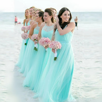 Light Turquoise Long Halter A Line Bridesmaid Dresses