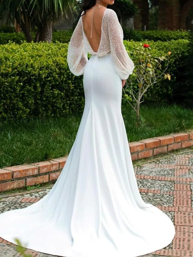 Mermaid / Trumpet Wedding Dresses V Neck Court Train TANYA BRIDAL Mermaid / Trumpet Wedding Dresses V Neck Court Train TANYA BRIDAL