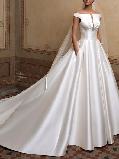 A-Line Wedding Dresses Off Shoulder Sweep / Brush Train