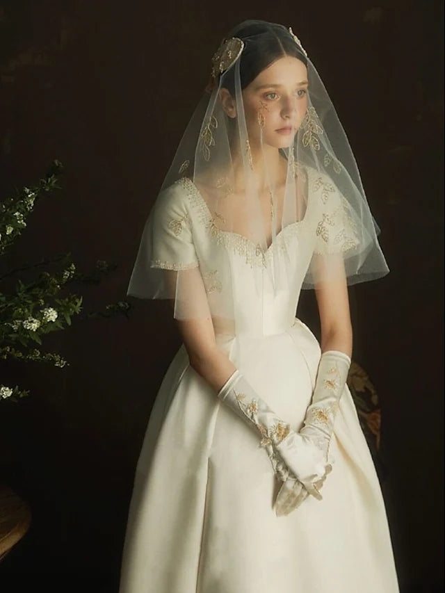 A-Line Wedding Dresses Tea Length Short Sleeve Vintage with Beading TANYA BRIDAL A-Line Wedding Dresses Tea Length Short Sleeve Vintage with Beading TANYA BRIDAL