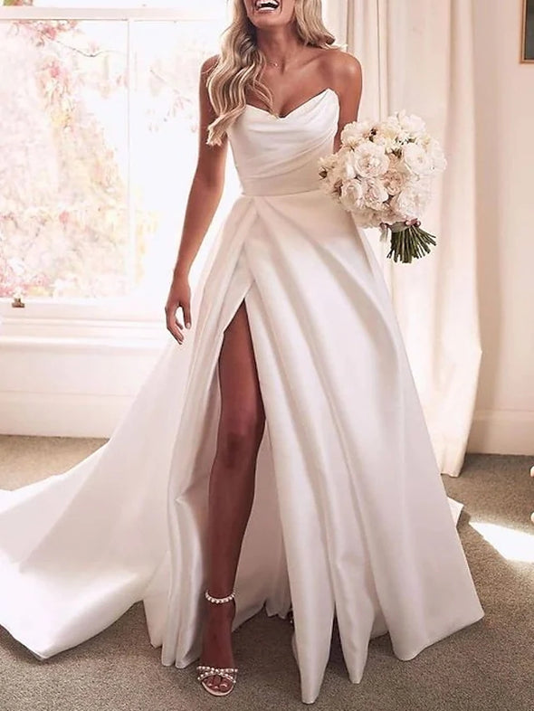 A-Line Wedding Dresses Sweetheart Neckline Court Train Satin Sleeveless