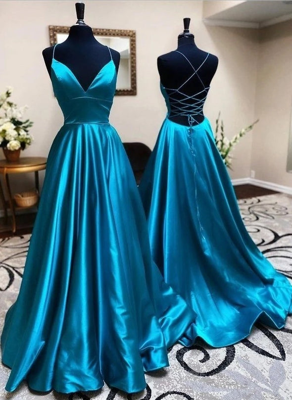 V Neck A Line Lace Up Long Prom Dresses Silk Satin Formal Gown