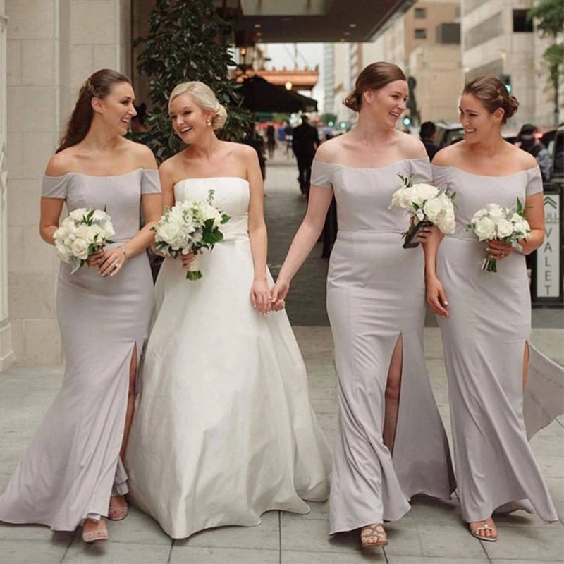 Light Gray Simple Off The Shoulder Bridesmaid Dresses Short Sleeves TANYA BRIDAL Light Gray Simple Off The Shoulder Bridesmaid Dresses Short Sleeves TANYA BRIDAL