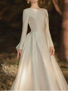 A-Line Wedding Dresses Jewel Neck Court Train Satin Long Sleeve