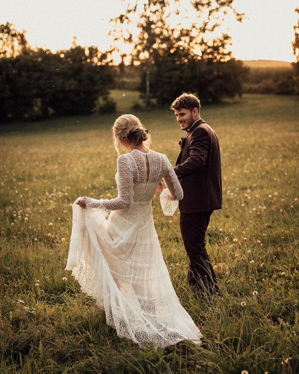 Long Sleeves Lace Wedding Dresses Bohemian Bridal Gown