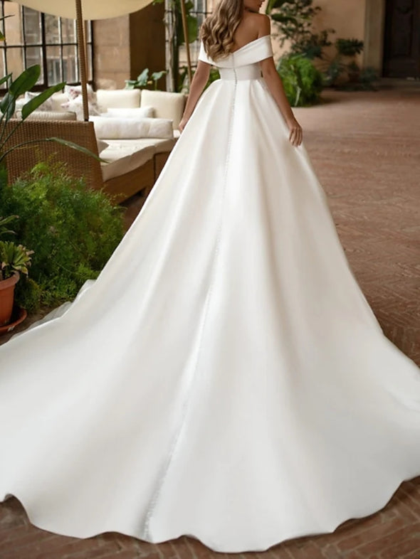 A-Line Satin Wedding Dresses Off Shoulder Court Train
