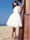 A-Line Wedding Dresses Knee Length Satin Tulle Vintage Plus Size Cute with Draping