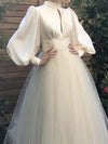 A-Line Wedding Dresses Jewel Neck Floor Length Satin Tulle Long Sleeve