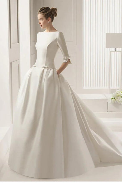 A-Line Wedding Dresses Satin Half Sleeve with Bow(s) Pleats