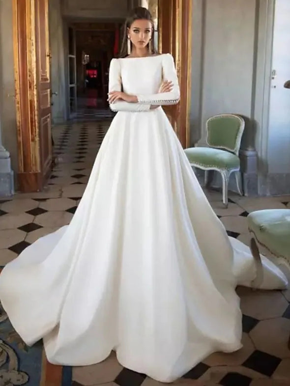 A-Line Wedding Dresses Bateau Neck Court Train