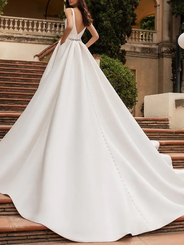 A-Line Wedding Dresses V Neck Court Train Satin