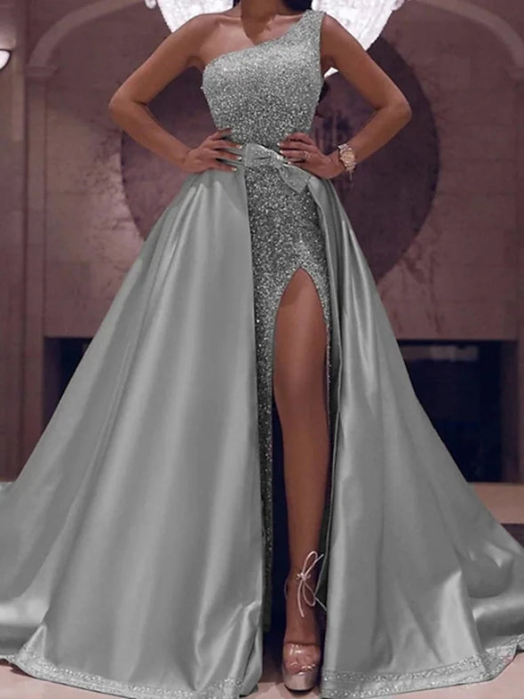 Ball Gown Sparkle Elegant Prom Dress One Shoulder Sleeveless with Bow(s) Sequin Slit