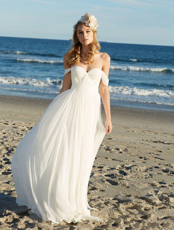 White Beach Wedding Dresses A-Line with Beaded Waist