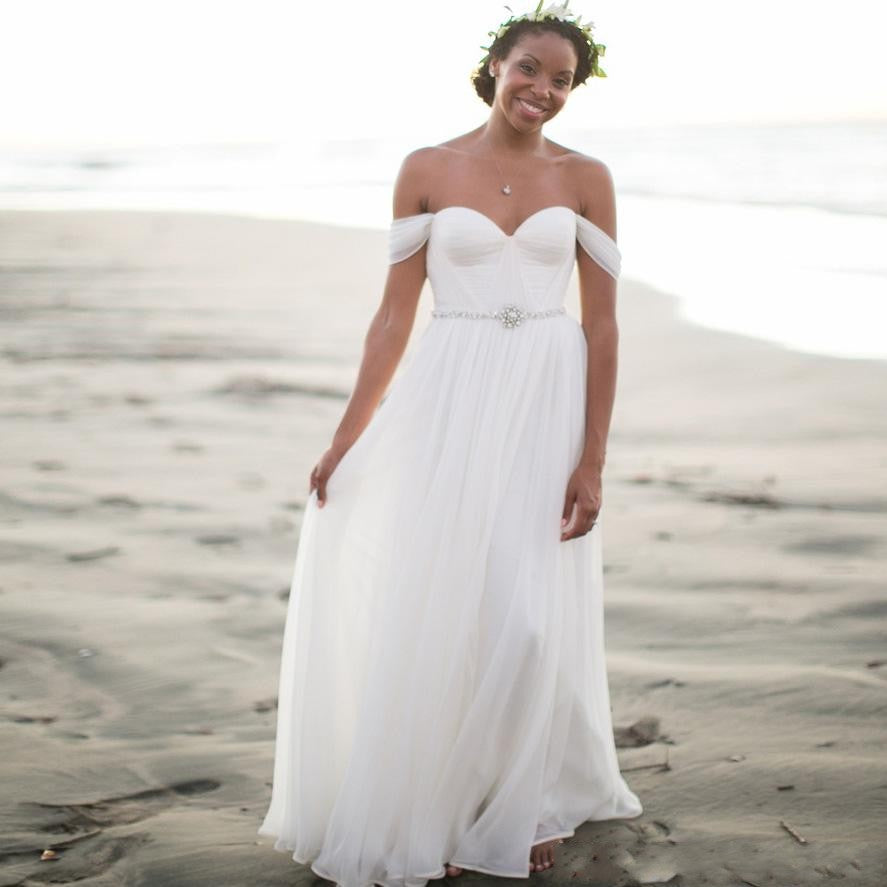 White Beach Wedding Dresses A-Line with Beaded Waist TANYA BRIDAL White Beach Wedding Dresses A-Line with Beaded Waist TANYA BRIDAL