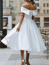 A-Line Wedding Dresses Off Shoulder Knee Length Satin Short Sleeve