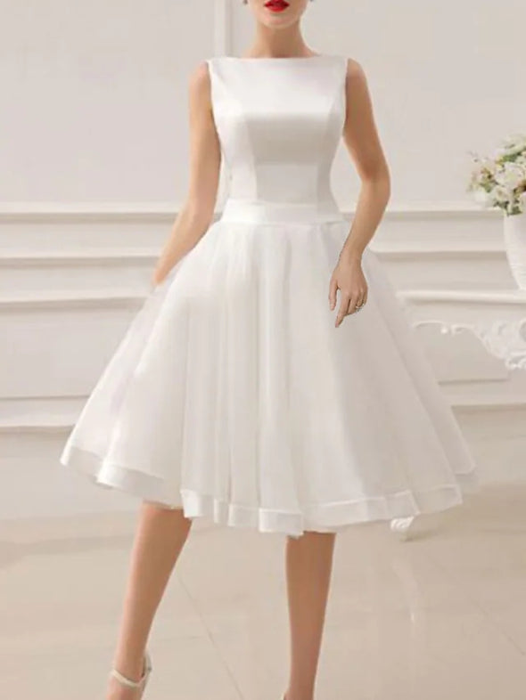 A-Line Wedding Dresses Jewel Neck Short / Mini Satin Sleeveless with Bow(s)