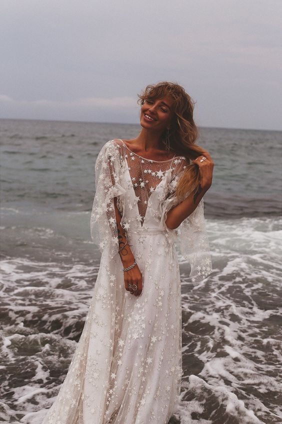 Bohemian Beach Star Illusion Neck A Line Summer Wedding Dresses
