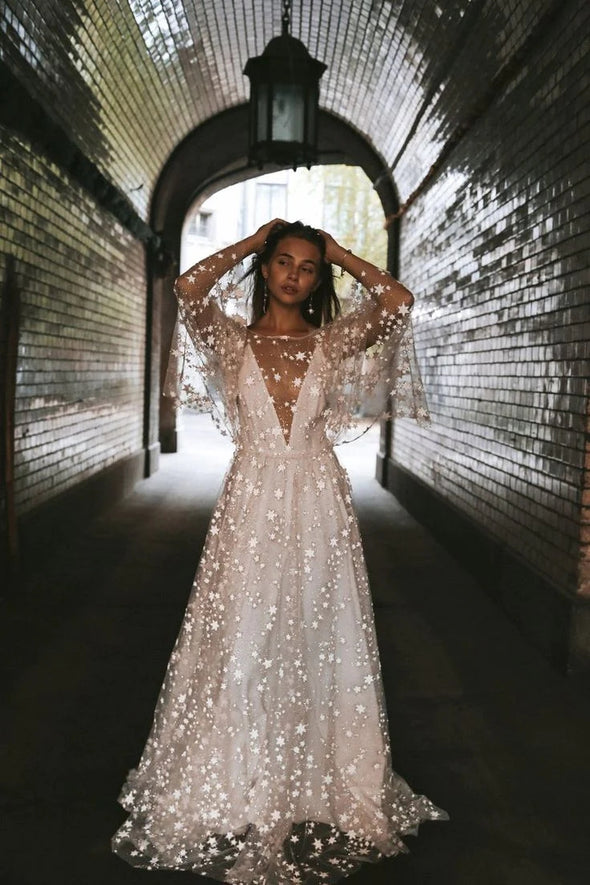 Bohemian Beach Star Illusion Neck A Line Summer Wedding Dresses