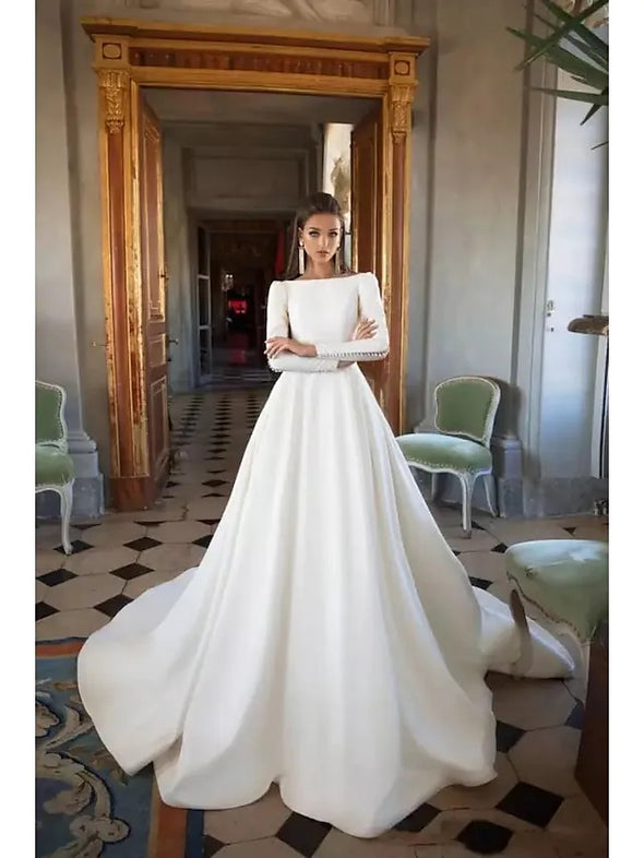 A-Line Wedding Dresses Bateau Neck Court Train