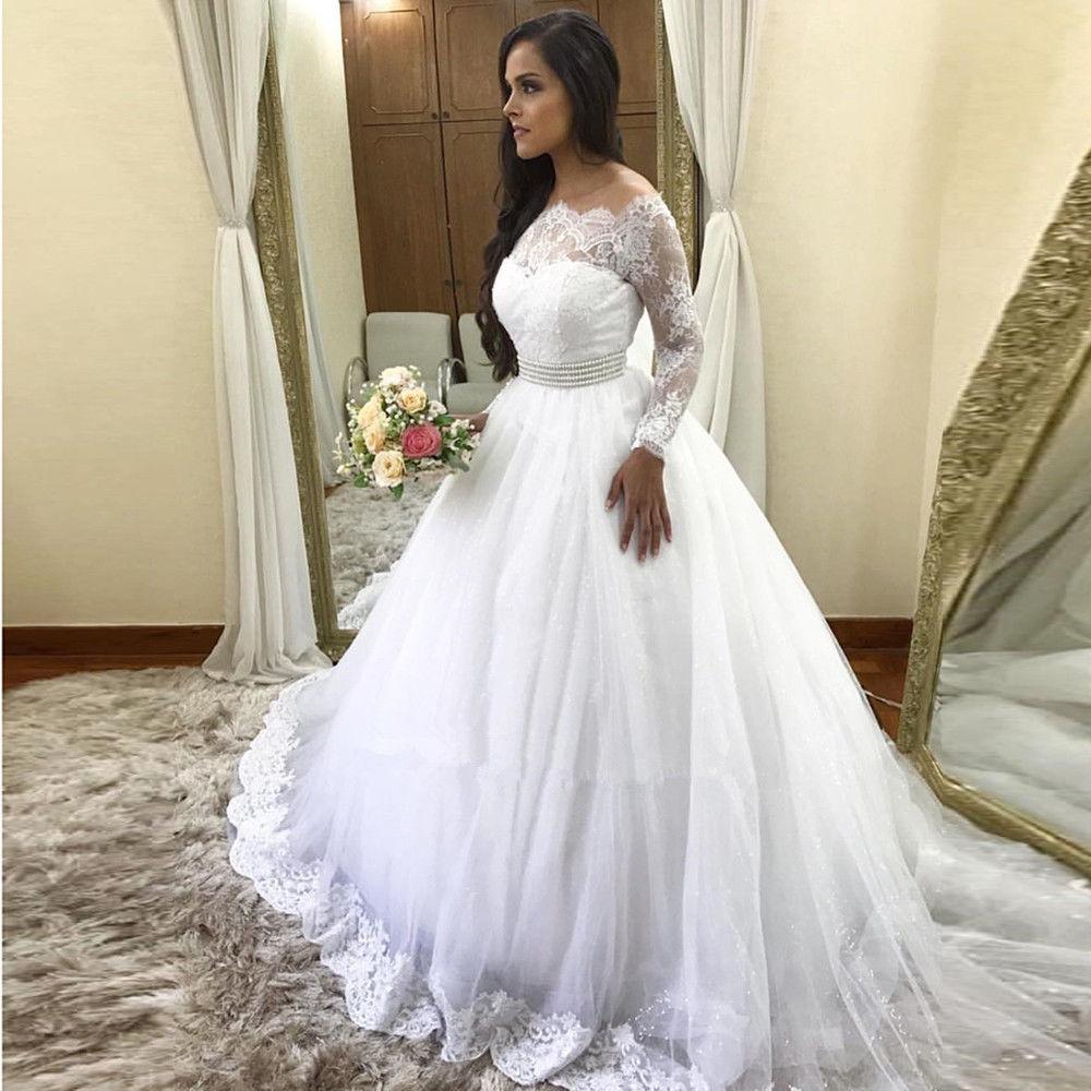 Princess Ball Gown Off The Shoulder White Tulle Lace Long Wedding Dresses
