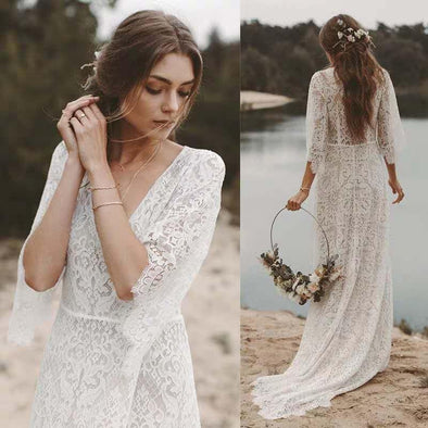 Beach Wedding Dresses Bohemian Lace 2020 Deep V Neck Country A Line Bridal Gowns