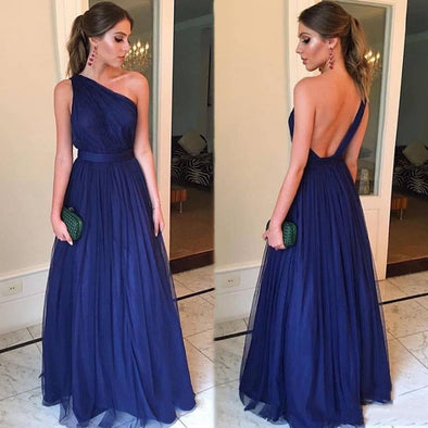 One Shoulder Backless Long Simple A Line Bridesmaid Dresses