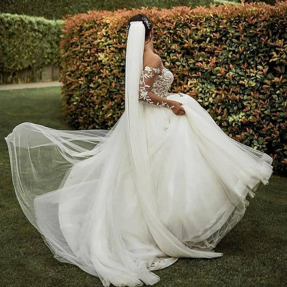 New White Tulle Long Sleeve Sheer Wedding Dresses Bridal Gowns
