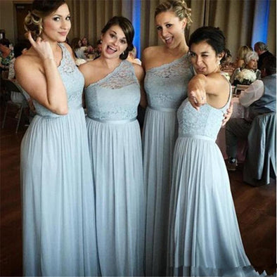 One Shoulder Lace Top A-Line Long Bridesmaid Dresses